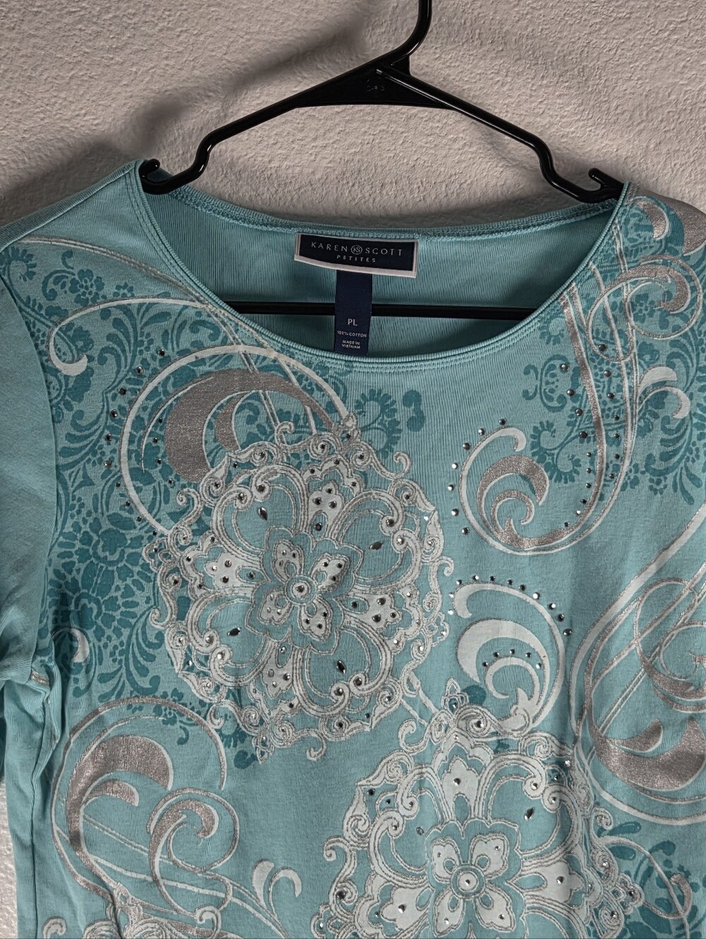 Karen Scott Women's Size PL Aqua Floral Embellished Short-Sleeve Tee - Picture 2 of 7